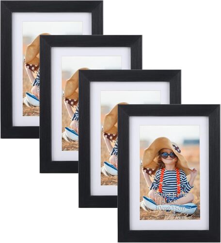 Cadre Photo Noir 10x15 cm Lot de 4 avec Passe-Partout, 13x18 cm sans Passe-Partout, Cadre Photo Mural et à Poser pour Chambre, Bureau, Salon et Gallerie