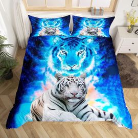 Sjzg-Tigre Imprimé Housse De Couette Thème De La Faune Parure De Lit Bleu Galaxy Literie Set Enfants Adultes Animaux Sauvages Safari Chat Imprimé Housse De Couette 220x240cm Doux Décoration De Chambr