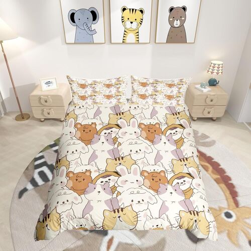 Tzf-Cute Cat Housse De Couette Toddler Dessin Animé Sheep Rabbit Parure De Lit 200x200cm Kawaii Animals Parure Housse De Couette Décor De Chambre Animal Lover's Gift Léger Avec 2 Taies D'oreiller