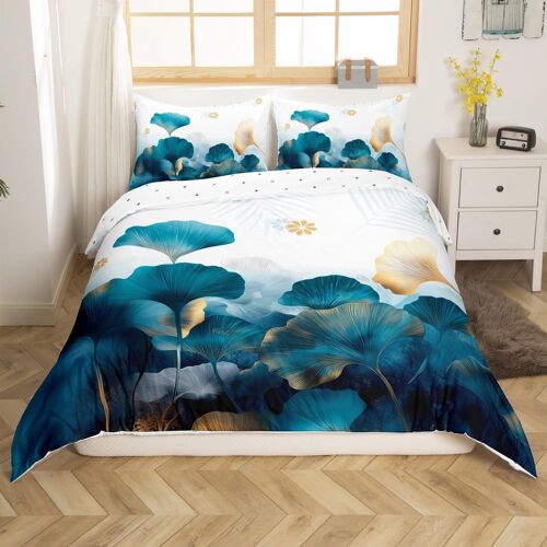 Sjzg-Feuille De Ginkgo Imprimé Housse De Couette 240x260cm Feuille De Fleur Botanique Parure De Lit Bleu Blanc Feuille D'or Ensemble De Literie Garçon Fille Nature Thème Literie Set