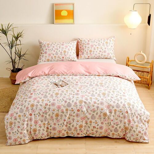 Ulteronixshop-Housse De Couette 140x200 Motif De Bouquets De Fleurs Rose Parure De Lit Botanique Fermeture Éclair - Linge De Lit 1 Personne Adulte Avec Taie D'oreiller 65x65 Cm