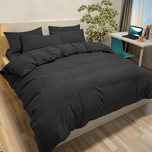 Housse De Couette 200x200 Cm Avec 2 Taies Oreiller 50x80 Cm - Noir - Parure Lit 2 Personnes Microfibre