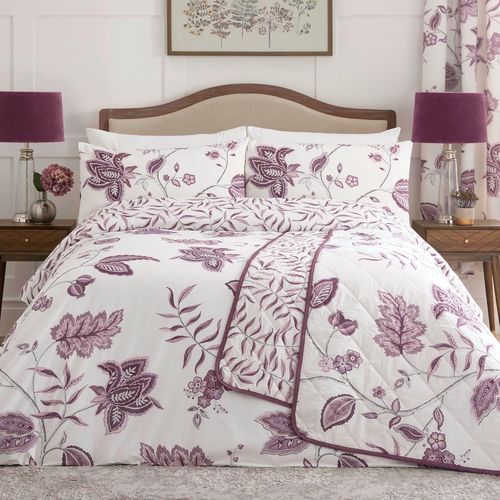 Tzf-- Housse De Couette Florale Violette 260 X 220 Cm - 2 Taies D'oreiller - Literie Damassé Prune - Blanche Et Violette - Style Traditionnel/Vintage