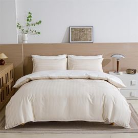 Sjzg-Parure De Lit 2 Pièces En Satin 135 X 200 Cm - Beige À Rayures - Satin Brillant - Housse De Couette Douce Et Soyeuse - Avec Fermeture Éclair Et Taie D'oreiller De 80 X 80 Cm