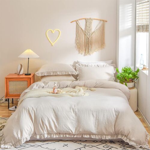Sjzg-Boho Housse De Couette Style Bohème 200x200cm+2 Taie D'oreiller 65x65cm Tuftée Broderie Beige Parure De Lit 2 Personnes Adulte Linge De Lit En 100% Microfibre Lavé Avec Fermeture Éclair