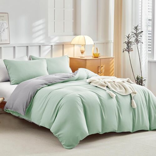 Tzf-Housse De Couette 220x240 Avec 2 Taies D'oreiller 65x65 Cm - Vert Sauge/Gris Clair - Parure De Lit 220x240 Adulte En 100% Microfibre - 3 Pièces - Housse Couette Avec Fermetures Éclair