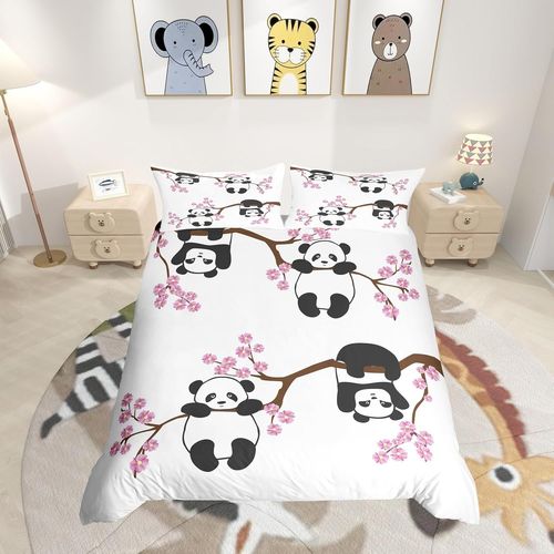Sjzg-Ensemble De Housse De Couette Panda Mignon Pour Filles Garçons Enfants Dessin Animé Panda Géant Ensemble De Literie Fleurs De Cerisier Housse De Couette Amoureux Animal Housse De Couette 200x200