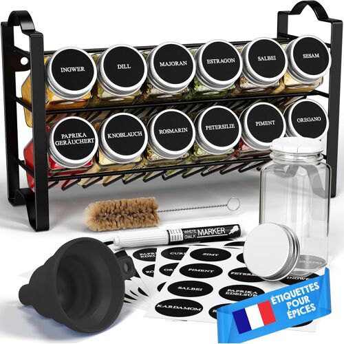Tianyi-® Étagère À Épices & Bocaux - Rangement Et Organisation De Cuisine & Maison - Métal, 2 Niveaux - 12 Pots 48 Étiquettes 1 Brosse 1 Entonnoir - Autoportante/Murale - Noire