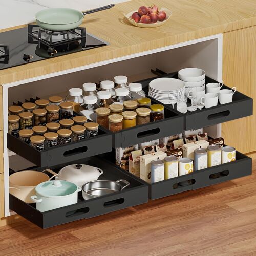 Sjzg-Tiroir Coulissant Extensible 30-47cm ¿ Coulisse Tiroir Cuisine Sans Perçage, Organisateur De Rangement Placard Avec Rails & Kit Vis, Tiroir Coulissant Pour Meuble Cuisine, Dressing, Noir