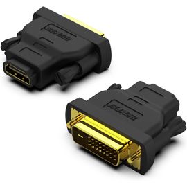 TIANYI-Adaptateur DVI vers HDMI, DVI bidirectionnel (DVI-D) vers HDMI mâle vers Femelle avec Cordon plaqué Or 2 Pack