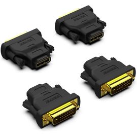 Adaptateur DVI vers HDMI, DVI bidirectionnel (DVI-D) vers HDMI mâle vers Femelle avec Cordon plaqué Or 4 Pack