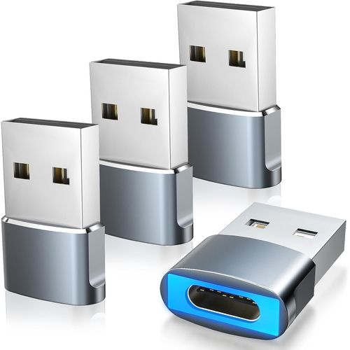 TRAHOO-Adaptateur USB vers USB C avec Lumière LED, Convertisseur USB A vers C à Charge Rapide, 4 Pack Type C Femelle vers USB Mâle pour iPhone 15/16 Pro Max Plus,AirPods,iPad,Galaxy, CarPlay, Gris