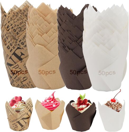 Jexnovashop-200 Pièces Caissettes Cupcake, Papier Tasses De Cuisson De Tulipe Pour Muffin, Pâ Tisserie Moule Pour Fête