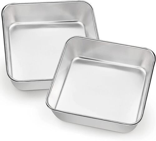 Jexnovashop-Lot De 2 Moule À Gâteau Carré En Acier Inoxydable, Petit Plat Four Dimensions Extérieures 16 X 16 X 4.8 Cm, Parfait Pour Les Gâteaux, Brownies, Lasagnes, Résistants, Passe Au Lave-Vaissel