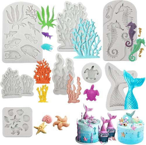 Jexnovashop-8 Pièces Moule Silicone Coquillage, Moule Fondant Animaux Marins Pour La Décoration De Gâteaux Et Artisanat