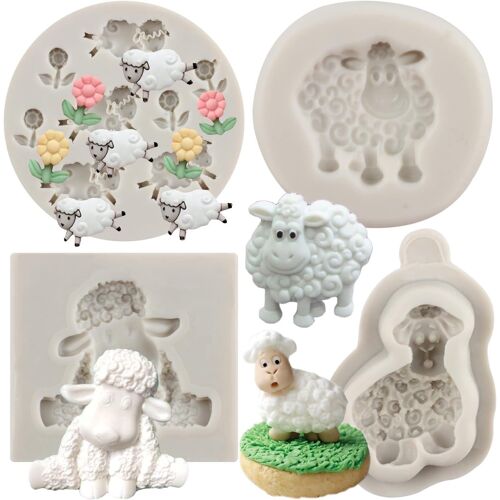 Kalanka-Lot De 4 Moules En Silicone 3d En Forme De Mouton Fleur De Chèvre Herbe Fondant Pour Décoration De Gâteaux Cupcakes Bonbons Chocolat Pâte À Gomme