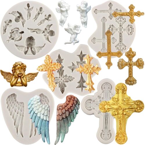Jexnovashop-Lot De 5 Moules En Silicone En Forme De Croix Et D'ailes D'ange Pour Décoration De Gâteau De Baptême, Pâte À Sucre Et Pâte Polymère