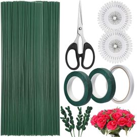 TIANYI-85 Fil de Fleurs Vert Kit, Flexibles Tiges Fleurs Artificielles 30cm, Wires Floral Flowers ¿2mm, Tige de Fleuriste avec Ruban Fleuriste/Ciseaux Bricolage, Tiges de Fleurs pour Fleurs à Crochet