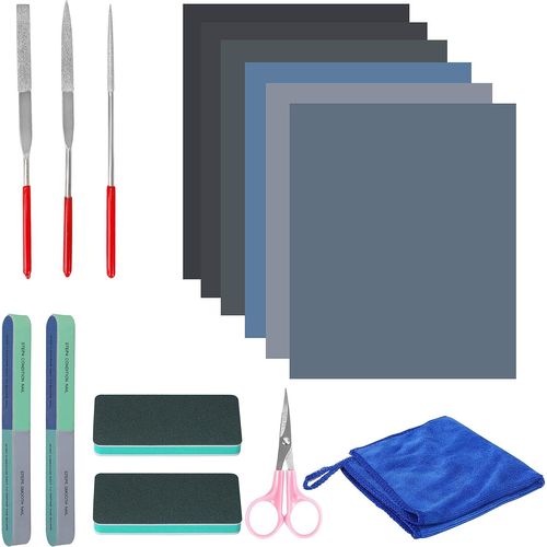 Tianyi-Outils Pour Polir Resine Epoxy (15 Pièces) - Kit Débutant Avec Des Blocs Et Outils De Limage, Papiers De Ponçage, Tissu Et Ciseaux - Pour Creation Bijoux