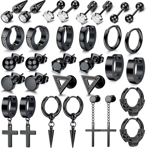 16 Paires Boucles D'oreilles Hommes Boucles D'oreilles Noires En Acier Chirurgical Hypoallergenique Punk Piercing Oreille Creoles Pendantes Croix Noires Pour Hommes Femme Garcons Fille