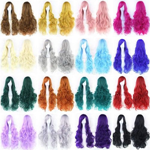 Tianyi-80cm Longue Perruque De Cosplay De Cheveux Naturels Bouclés Avec Une Frange Colorée Halloween Costume Party Perruques Pour Les Femmes (Bleu Foncé)