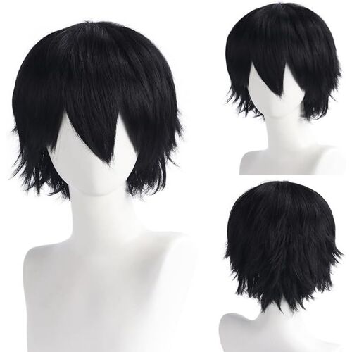 Kalanka-Anime Perruque Noir Pour Homme Dames, 12 Inch/30 Cm Cosplay Perruque Courte Postiche Droite Perruque Avec Frange, Année70 80 Perruque Pour Halloween Quotidienne Deguisement Fête (Noir)