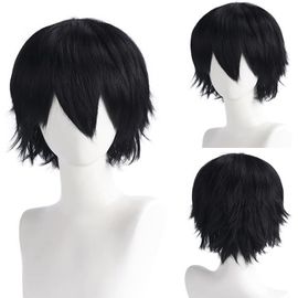 Kalanka-Anime Perruque Noir Pour Homme Dames, 12 Inch/30 Cm Cosplay Perruque Courte Postiche Droite Perruque Avec Frange, Année70 80 Perruque Pour Halloween Quotidienne Deguisement Fête (Noir)