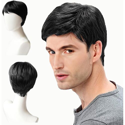 Kalanka-Perruque Homme Naturel Noir Perruque Homme Synthétiques Cheveux Court Perruque De Cosplay Halloween Pour Hommes Carnaval Costume De Fête Quotidien Rock Star Soirée À Thème(Noir)