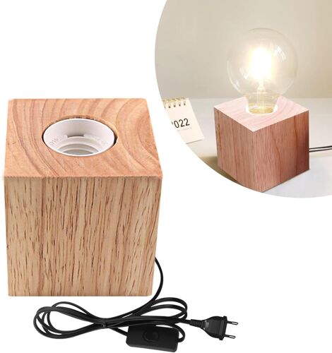 Kalanka-Lampe De Table Cube En Bois, Lampe De Chevet E27 Parfaite Pour Chambre/Salon/Bureau (Sans Ampoule)