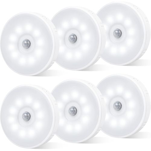 TIANYI-6 paquets de lumières à détecteur de mouvement, pile rechargeable USB alimentée en lumière LED, coller n'importe où comme placard Toilet Stair Wall Hallway chambre intérieure lumières