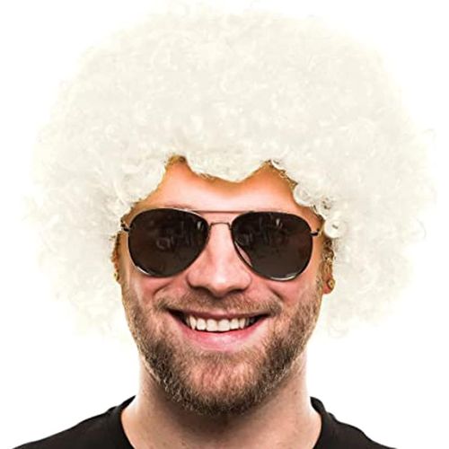 Jum-Polypropylène Perruque Afro Funky Des Années 70,Homme Afro,Super Grosse,Blanc Perruque,Blanc,Unique Eu