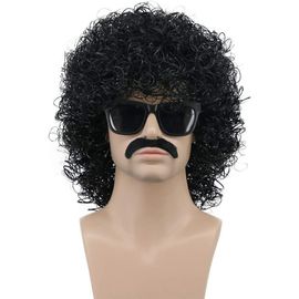 Jum-Perruque Noire Bouclée Avec Moustache Pour Hommes Perruque Des Années 70 80 Rocker Disco Pour Carnaval Halloween Cosplay Déguisement Party