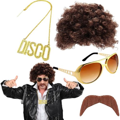 Jum-Hippie Perruque Costume Set,Deguisement Disco Homme,Ensemble De Costume Hippie Des Années 70 Et 80,Perruque Afro,Ensemble De Costume Hippie,Pour Carnaval Cosplay Halloween Costume Party (Brun)