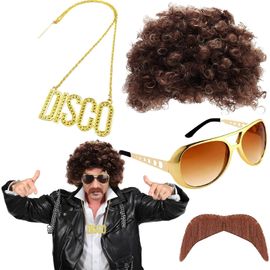 Jum-Hippie Perruque Costume Set,Deguisement Disco Homme,Ensemble De Costume Hippie Des Années 70 Et 80,Perruque Afro,Ensemble De Costume Hippie,Pour Carnaval Cosplay Halloween Costume Party (Brun)