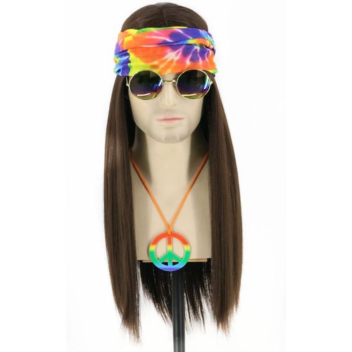 Jum-4pcs Perruque Hippie Perruque Blonde Homme Des Années 70 80 Déguisement Hippie Homme Avec Lunettes Collier Bandeau (Brun Foncé)