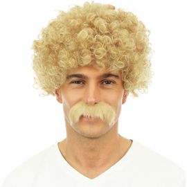 Jum-Perruque Homme Courte Frisée Et Moustache-Accessoire De Déguisement Années 70,80-Carnaval,Fête À Thème,Cosplay,Manga,Nouvel An,Halloween-Cheveux Synthétiques (Blond)