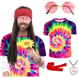 Jum-Annees 70 Deguisement Hippie Homme Femme,Accessoires Hippie Perruque Homme Chemise Lunette Bandeau,Deguisement Disco Homme,Déguisement Adulte Pour Carnaval Cosplay