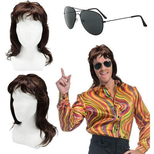 Jum-Perruque Mulet,Perruque Hommes,80's Mulet Perruque Hommes,Déguisement Année 70 80 90,Perruque Hommes Marron,Perruque Punk Pour Halloween Fête Carnaval Cosplay Maquillage (2 Pcs)