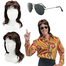Jum-Perruque Mulet,Perruque Hommes,80's Mulet Perruque Hommes,Déguisement Année 70 80 90,Perruque Hommes Marron,Perruque Punk Pour Halloween Fête Carnaval Cosplay Maquillage (2 Pcs)