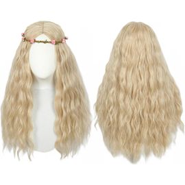 Jum-Perruques Hippie Longues Et Ondulées Pour Femmes,Perruque De Costume De Cosplay D'halloween Des Années 70 Pour Fête Avec Couronne De Fleurs
