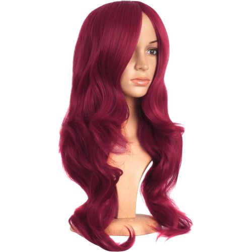 Mapofbeauty 24 Pouces / 60 Cm Charme Synthétique Long Côté Ondulé Frange Les Femmes Partie Anime Cosplay Perruque (Blood-Rouge)
