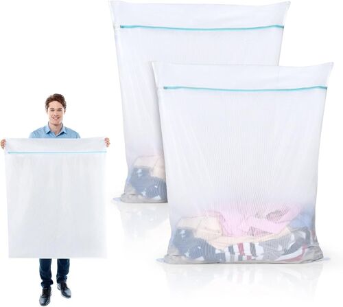 JEXNOVASHOP-Filet Machine a Laver 90 x 110 cm, Lot de 2 Grande XL Filet a Linge Machine a Laver Sac à Linge avec Eclair Laundry Bag pour Robe Manteau Literie Couverture Drap (Bleu)