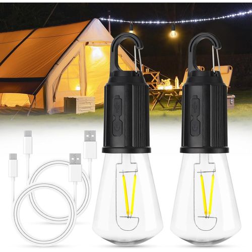Kalanka-Boloshine 2pcs Lampe Camping Rechargeable, Ampoule Rechargeable Usb, Camping Light Portable Luminosité Réglable 3 Modes Avec Crochet, Lumière D'urgence Pour Aventure Randonnée Jardin