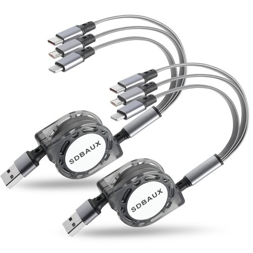 SDBAUX Multi Câble 3 en 11M 3A 2-Paquet, Rétractable Chargeur USB Câble Charge Rapide avec iP Micro USB Type C pour iPhone, Samsung Galaxy S23 S22 S20 S10, LG, Huawei, Xiaomi, Sony, Moto, PS4