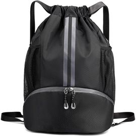 Sac À Cordon De Sport, Étanche Pliable Sac À Dos À Cordon, Avec Compartiment À Chaussures Et Poches En Filet Pour Bouteille D'eau Pour Voyage Gym Plage Piscine - Noir