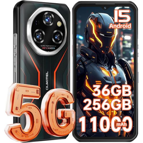 OUKITEL WP55 5G Telephone Portable Incassable Android 15 2025, 36GO+256GO Smartphone Incassable, 11000mAh/33W, 6.6 FHD+ 120Hz, 108MP+32MP Caméra, Dual SIM/NFC/Face ID, Telephone de Chantier Orange