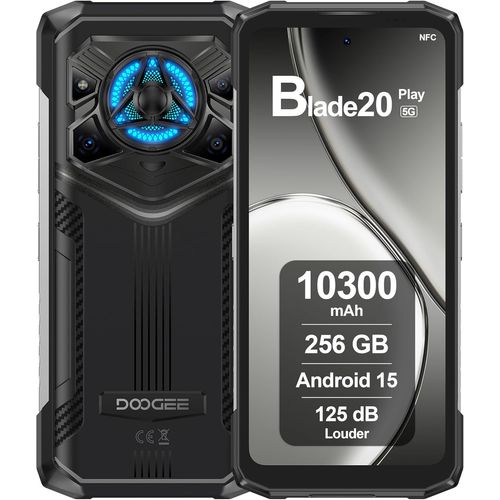 DOOGEE Blade 20 Play Telephone Portable Incassable 5G 32GB+256GB 10300mAh/33W 6,6"" HD+ Smartphone Incassable Android 15, 125dB Speakers, Effet Lumiere LED, Camera 50MP/WIFI6/NFC/Face ID Argent