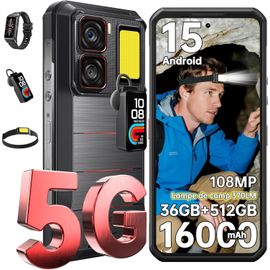 OUKITEL WP300 5G Telephone Portable Incassable Android 15-36Go RAM+512Go ROM/2TB 16000mAh/45W 6.8 FHD+ 120Hz 108MP+32MP Smartphone Incassable Phare Avant 370lm+Écouteurs/Montre avec Écran/NFC Noir