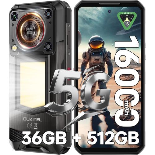 OUKITEL WP56 5G Telephone Portable Incassable Android 15, 36Go RAM+512Go ROM/2To, Smartphone Incassable16000mAh/45W, 128dB Haut-Parleur, 6.8FHD+/120Hz, Camping 1000LM, Caméra 108MP, NFC/OTG/Dual SIM