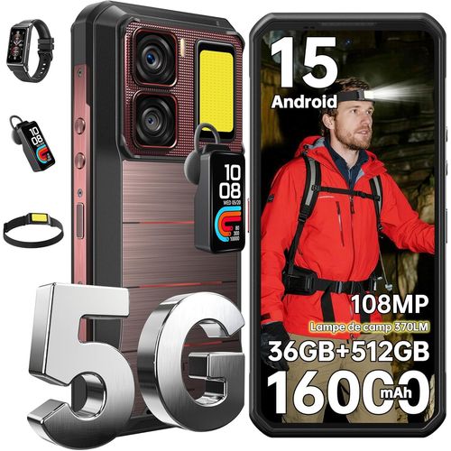 OUKITEL WP300 Telephone Portable Incassable 5G avec Montre Connect¿¿e 36Go+512Go 16000mAh Android 15 6.8"" 120Hz 108MP, Campeur Lumi¿¿re Dual SIM 5G/NFC Or